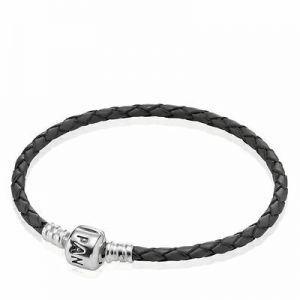    Authentic Pandora Black Single Leather Woven Cord Charm Bracelet 590705CBK-S