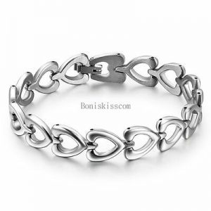    Women&#039;s Ladies Silver Stainless Steel Love Heart Link Chain Bangle Bracelet