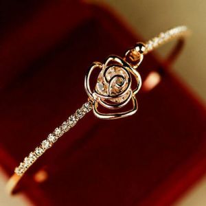    Elegant Women&#039;s Crystal Rose Flower Bangle Cuff Bracelet Jewelry Gold