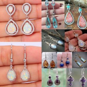    925 Silver Dangle Drop Earrings Ear Hook Moonstone Women Fashion Jewelry Gift