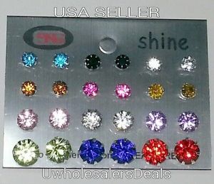    12 Pairs Crystal Ear Studs Earrings Assorted Sizes/Colors with Silicone Cups