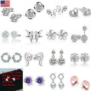    Women Fashion 925 Sterling Silver Crystal Rhinestone Elegant  Ear Stud Earrings