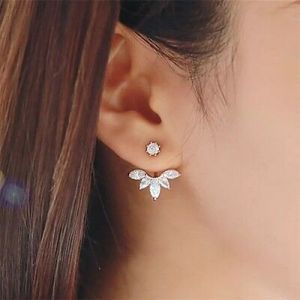    Ear Jacket Front Back Leaf Flower Crystal CZ Stud Earrings Silver Gold Tone E1