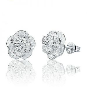    Women Cherry blossoms Lady Elegant Crystal 925 Sterling Silver Ear Stud Earrings