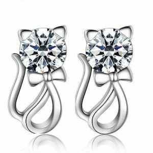    925 Sterling Silver Women Jewelry Elegant Crystal Ear Stud Cute Cat Earrings