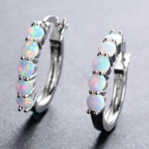    Fashion Women 925 Silver Ear Stud Huggie Hoop Earrings White Fire opal Paved