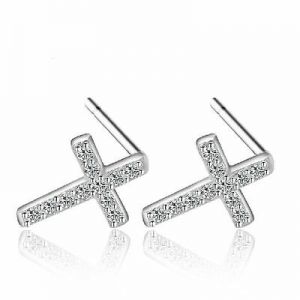    Women 925 Sterling Silver Jewelry Elegant Crystal Ear Stud Earrings Jesus Cross