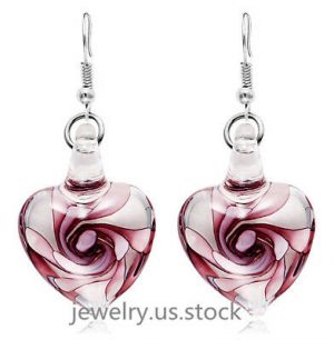    Women White Gold Plated Rose Flower Glass Heart Clear Drop Dangle Earrings
