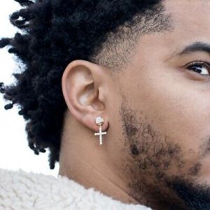     Men's 2pc 14K Gold Cz Screw Back Stud Cross Drop Dangle Huggie Hoop Earrings