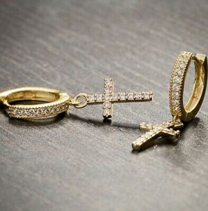     Men's 2pc 14K Gold 925 Sterling Silver Cross Drop Dangle Huggie Hoop Earrings