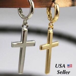    Men Women Stainless Steel Cross Hoop Dangle Huggie Drop Earrings Silver Gold E14