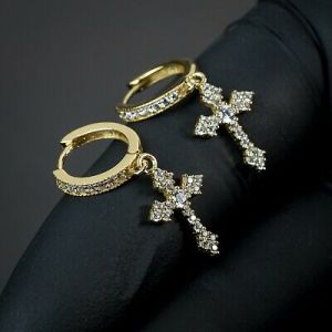    Men Dangle 14K Gold Sterling Silver Hanging Iced Cross Huggie Drop Hoop Earrings