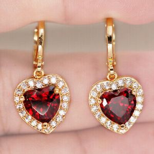    18K Gold Filled Earrings Women Ruby Garnet Heart Topaz Zircon Dangle Jewelry BR