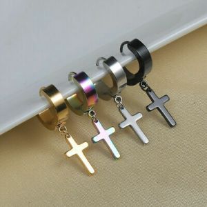    Men's Women's Stainless Steel Cross Drop Dangle Huggie Hinged Hoop Earrings Gift
