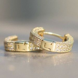    Mens Fully Ice Out 14K Gold  Sterling Silver Lab Simulated Diamond Hoop Earrings
