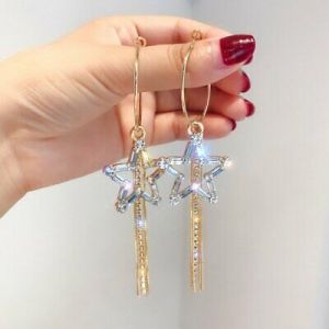    Gorgeous 925 Silver Gold Tassel Earrings Women Crystal Star Drop Dangle Jewelry