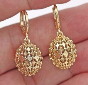   18K Gold Filled Earrings Rhombus Hollow Sphere Dangle Fashion Women Stud Hoop BR