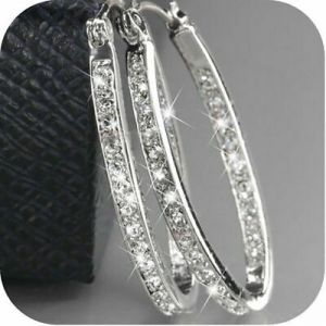    Women Silver Crystal Rhinestone Large Hoop Dangle Earrings Wedding Jewellery
