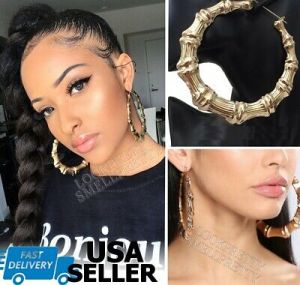    4 Inch Large Big Door Knocker Bamboo Hoop Gold Earrings Hip Hop Basketball Wives