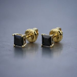    Men's 14K Gold Black Onyx Diamond Princess Cut Stud Screw Back Post Earrings