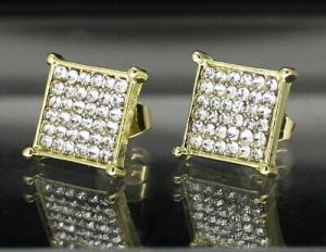    Mens Medium Flat Screen Icy Earrings Square 10mm Studs 14k Gold Plated Hip Hop