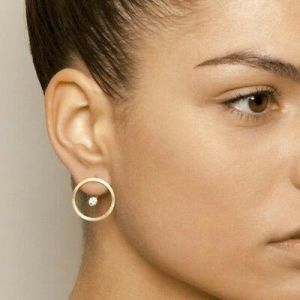    Minimalist Gold Crystal Bead Circle Stud Earrings Double Side Ear Jacket Jewelry