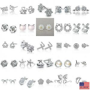    US Women Silver Plated Crystal Rhinestone Elegant  Ear Stud Earrings Gift Box