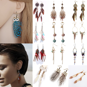    Bohemian Women Feather Bead Ear Hook Long Tassel Dream Catcher Earrings Jewelry