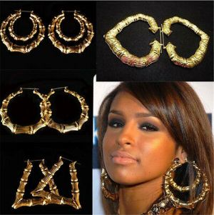   Boho Large Bamboo Joint Hoop Earrings Hip-Hop Gold Tone Ladies Big Circle Hoops