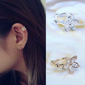    New Crystal Cartilage Earrings Ear Clip On Cuff Wrap Flower U-shaped No Piercing