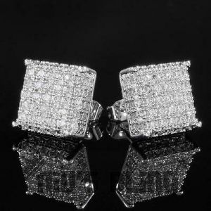    18K White Gold Bling Out Iced AAA Lab Diamond Micropave Square Stud Earring 8S