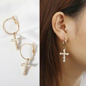    Fashion Women's Gold Cross Pearl Hoop Earrings Drop Elegant Lady Jewelry Gifts