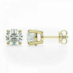    14K Solid Yellow Gold Stud VVS1 Earrings Basket Setting Round Genuine Gold