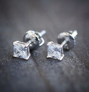    White Gold Small Women's Mens Mini Cz Princess Cut Screw Back Mens Stud Earrings