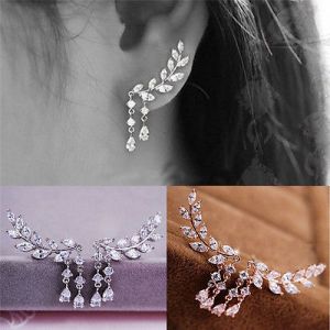    Fashion Women Gold Silver Crystal Zircon Leaves Tassel Ear Stud Earrings Jewelry