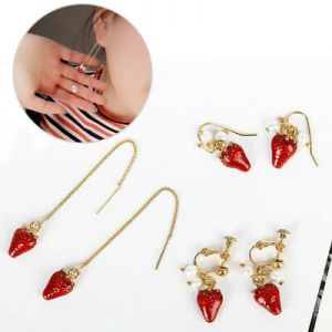    Red Strawberry Ear Threader Earrings Clip on Earrings Drop Dangle Hook Earrings