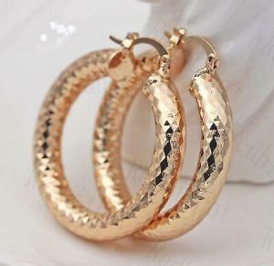    18K Gold Filled Earrings Big Round Carving Rhombus Luxury Fashion Hoop Party L8