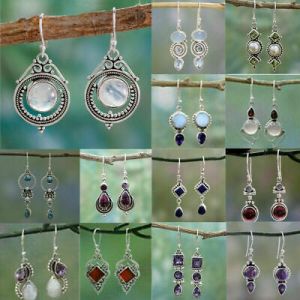    925 Silver Dangle Drop Earrings Ear Hook Moonstone Women Fashion Jewelry Gift~