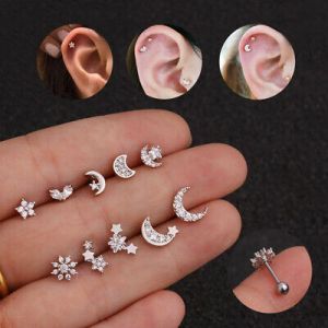    1Pcs CZ Star Moon Stainless Steel Stud Piercing Earrings Ear Bone Small Puncture