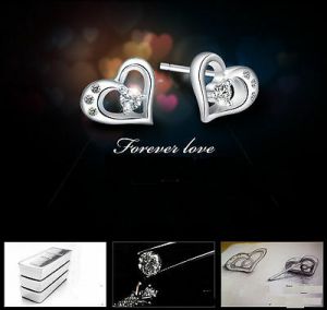    Women 925 Silver Plated Hypoallergenic Heart Rhinestone Ear Stud Earrings