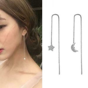    Ear Threader Earrings Silver Ear Threads Moon Star Chain Dangle Drop Q0M9