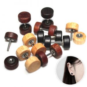    Men Women Natural Wood Stud Earrings Barbell Dumbbell Ear Studs  Jewelry Gift