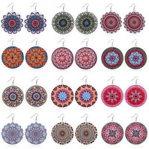    Boho Wooden Round Flower Earrings Ear Stud Dangle Drop Earrings Jewelry Gift