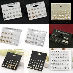    24 Pairs Fashion Rhinestone Crystal Pearl Earrings Set Women Ear Stud Jewelry