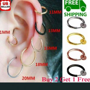    Retractable Earrings Round Hoop Ear Cuff No Piercing Dangle Huggies Earrings 2PK