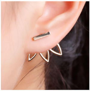    Lotus Flower Earring -Gold or Silver- Bar Stud Earrings, Open Hollow Ear Jacket