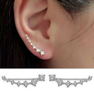    7 Crystals Ear Cuffs Hoop Climber Crawler Sterling long Silver Stud Earrings