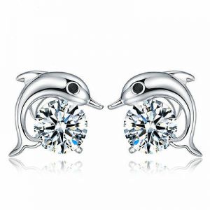    Women 925 Sterling Silver Jewelry Elegant Crystal Ear Stud Earrings Cute Dolphin