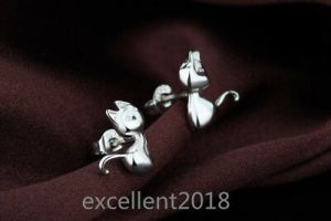    Women 925 Sterling Silver Elegant Zircon Ear Stud Cute Cat Animal  Earrings Girl