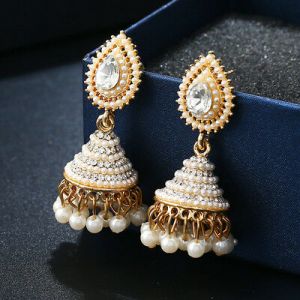    Retro Indian Earrings Pearl Pendant Jhumka Drop Ear Stud Wedding Dangle Jewelry